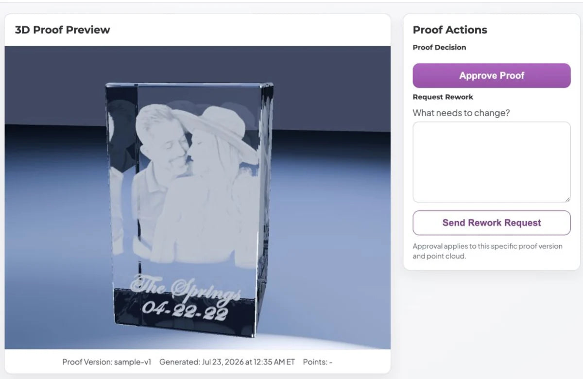 A real Crystal Clear Memories sample 3D proof with approval and rework options
