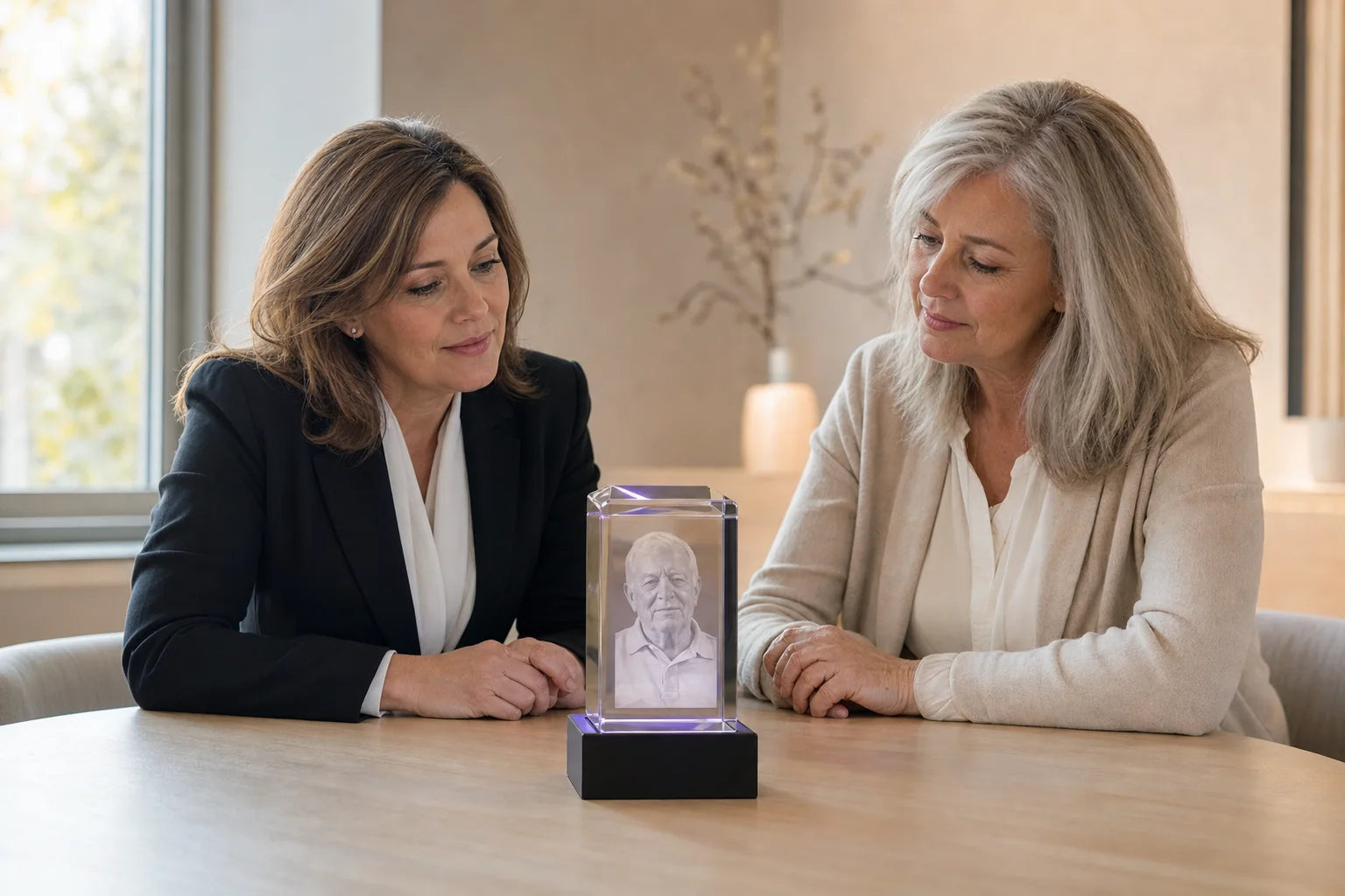 A funeral director and family member viewing a personalized 3D crystal tribute