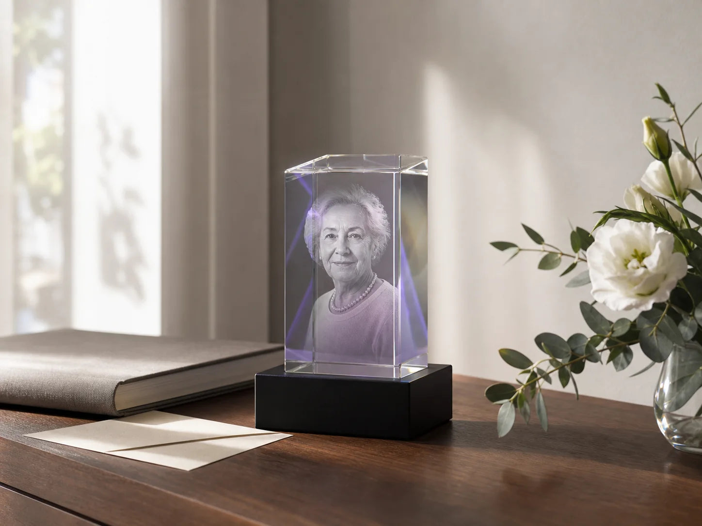 A personalized crystal tribute displayed in a calm remembrance setting
